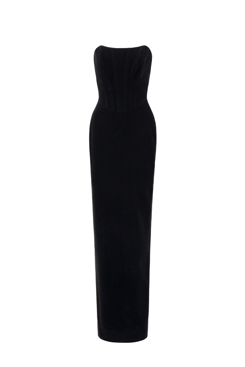 Strapless Burstier Column Gown With Long Cape