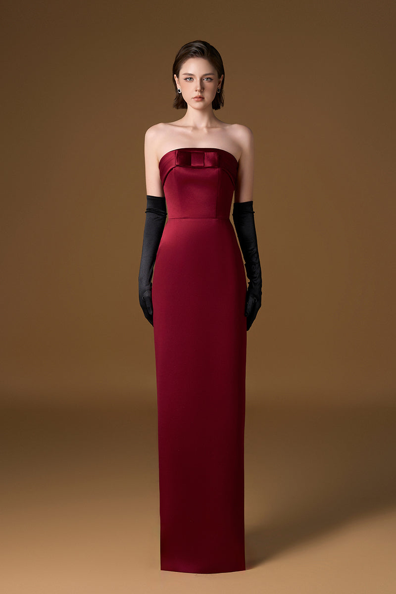 Strapless Bustier Column Gown In Dard Red Silk