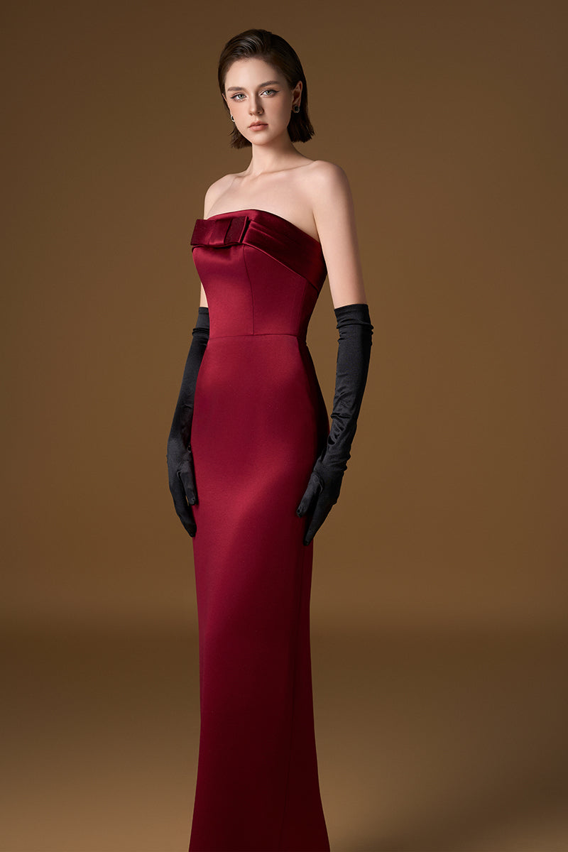 Strapless Bustier Column Gown In Dard Red Silk