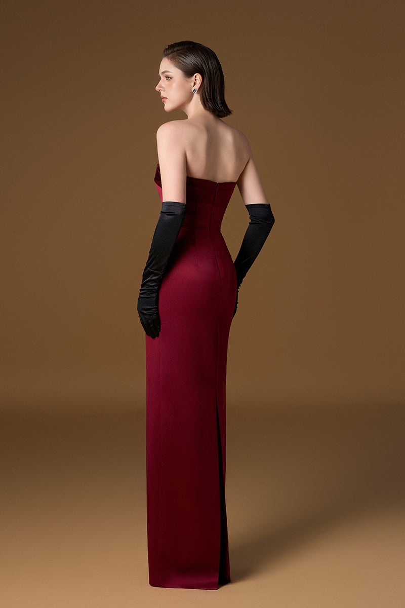 Strapless Bustier Column Gown In Dard Red Silk