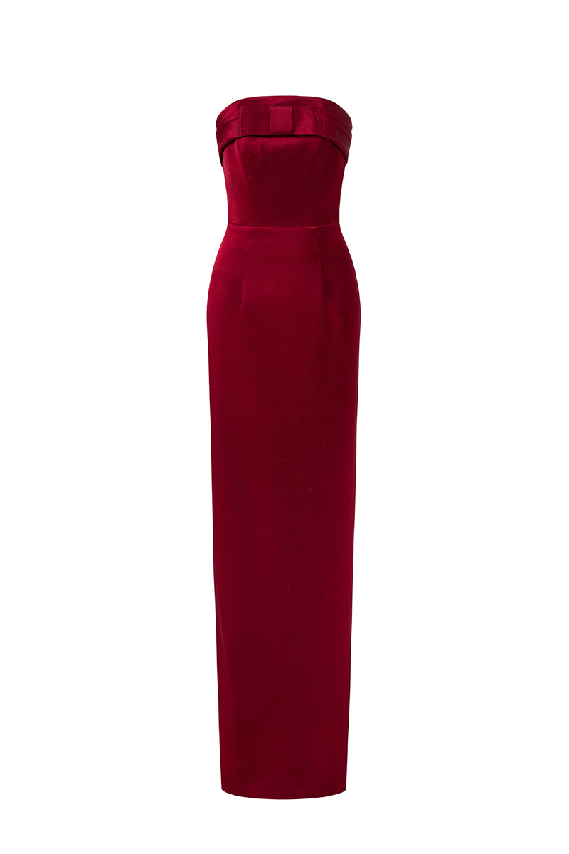Strapless Bustier Column Gown In Dard Red Silk