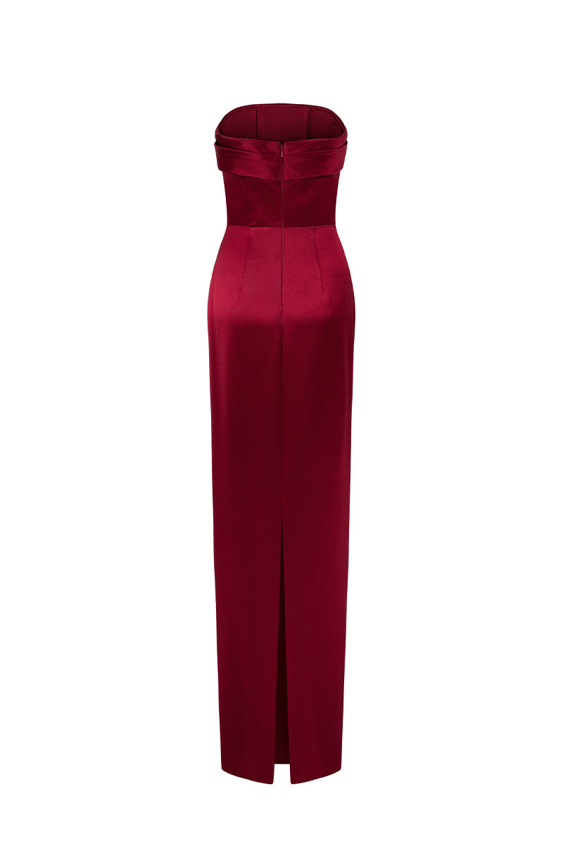 Strapless Bustier Column Gown In Dard Red Silk