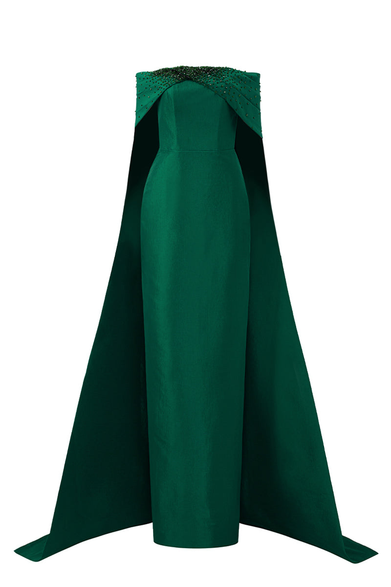 Strapless Bustier Column Gown With Draped Off-Shoulder Details In Green Taffeta