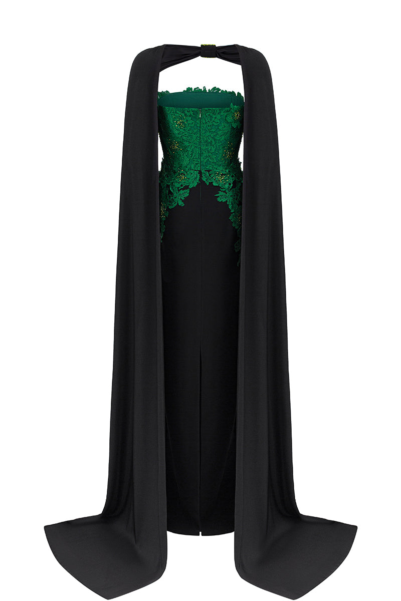 Strapless Column Gown With Long Cape In Dark Green French Lace & Black Crepe