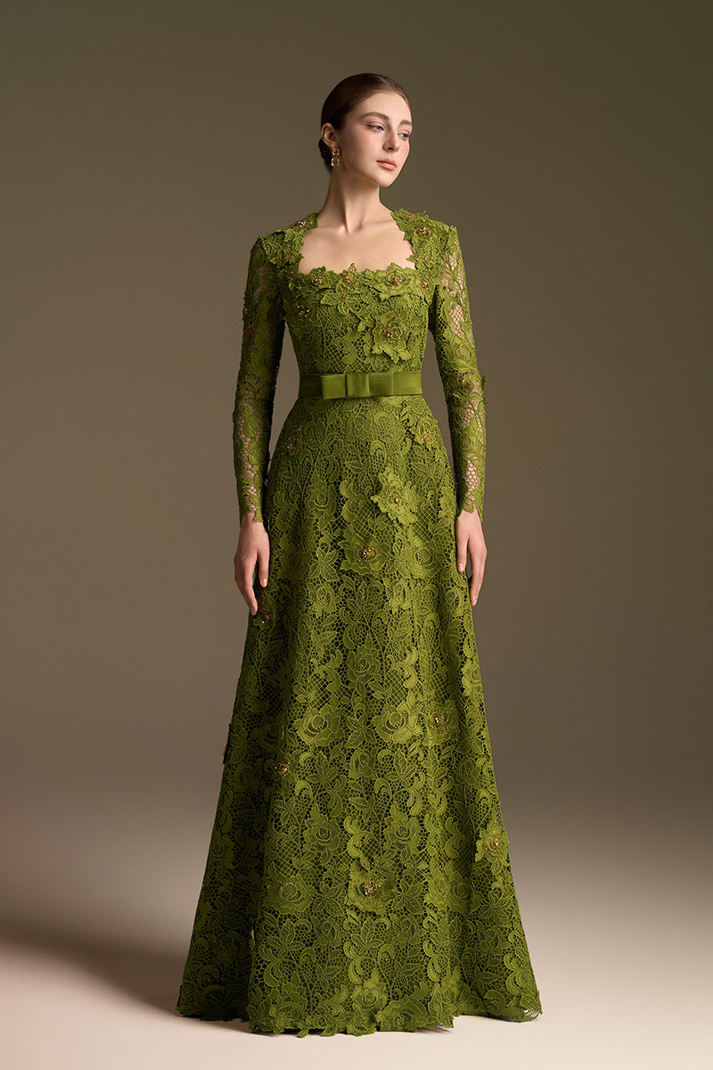 Trapeze Neck A-line Gown With Long Sleeves In Guipure Lace