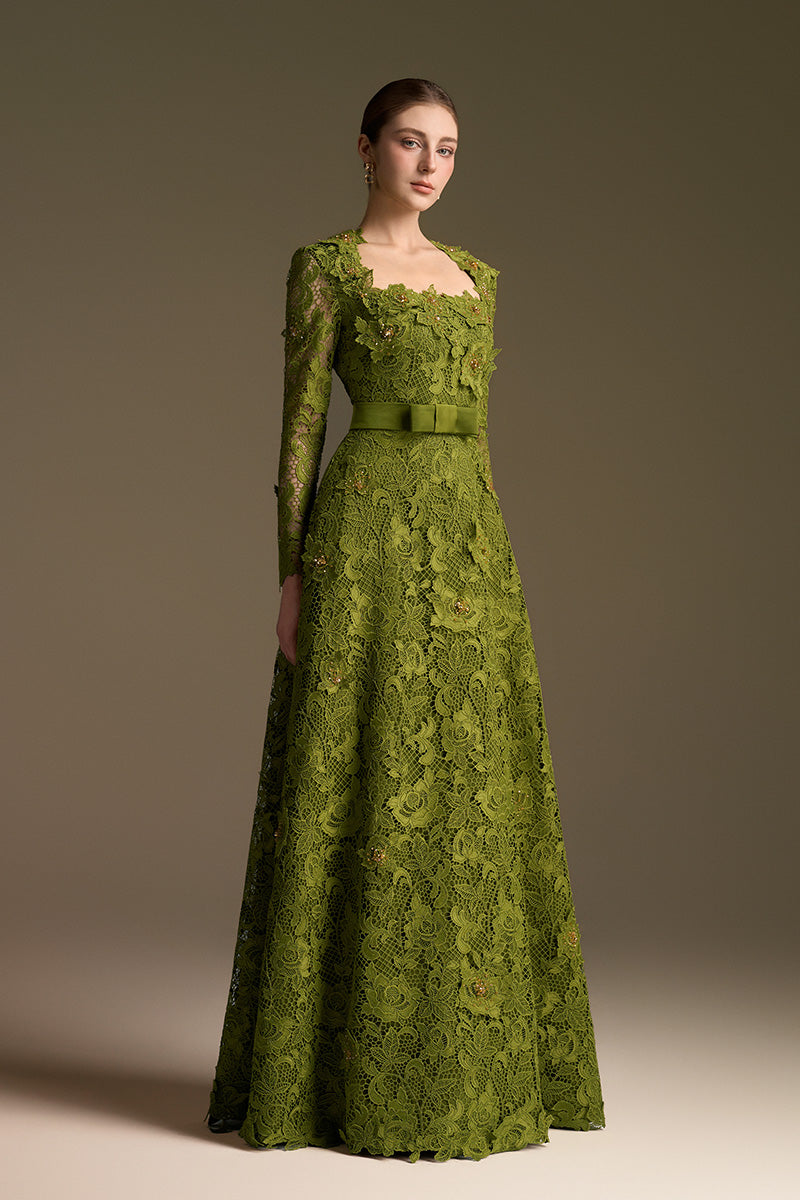 Trapeze Neck A-line Gown With Long Sleeves In Guipure Lace