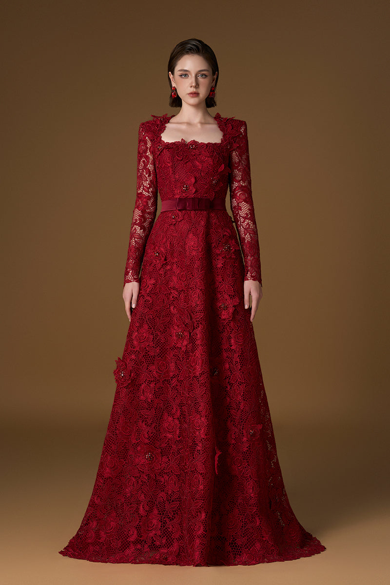 Trapeze Neck A-line Gown With Long Sleeves In Red Guipure Lace