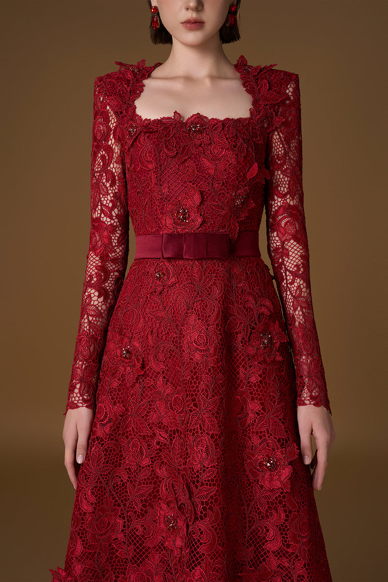 Trapeze Neck A-line Gown With Long Sleeves In Red Guipure Lace