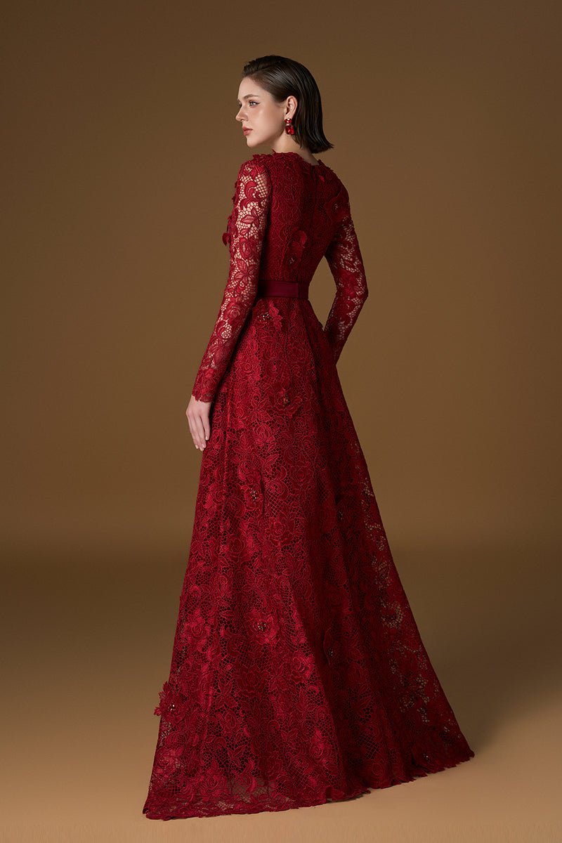 Trapeze Neck A-line Gown With Long Sleeves In Red Guipure Lace