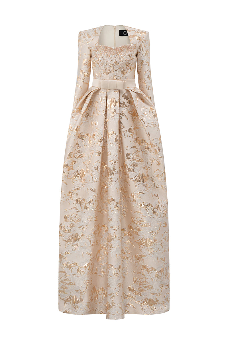 Trapeze Neck Ballgown With Long Sleeves In Jacquard