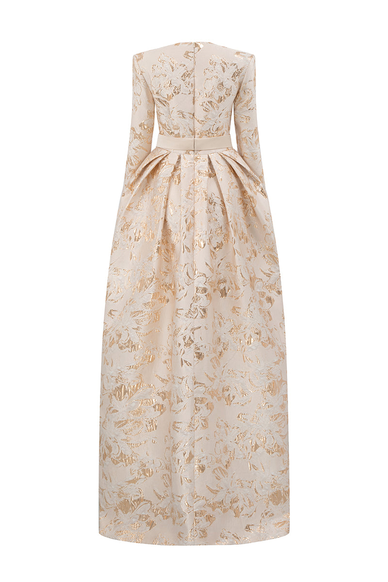 Trapeze Neck Ballgown With Long Sleeves In Jacquard
