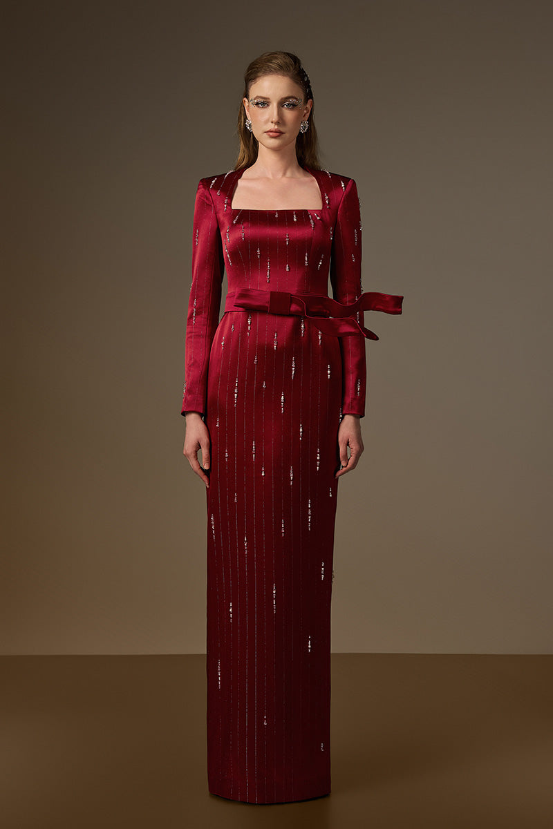 Trapeze Neck Column Gown With Belt Resembling A Wind-Blown Train In Red Metallic Striped Silk