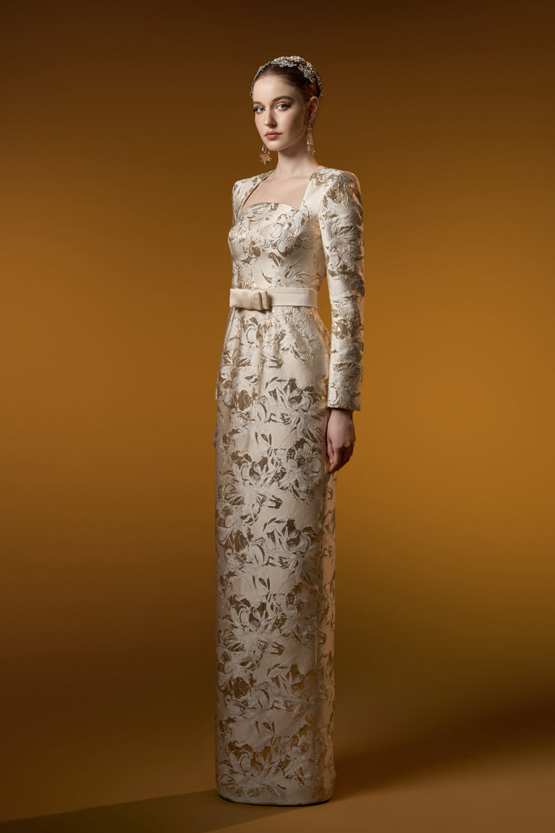 Trapeze Neck Column Gown With Long Sleeves In Jacquard