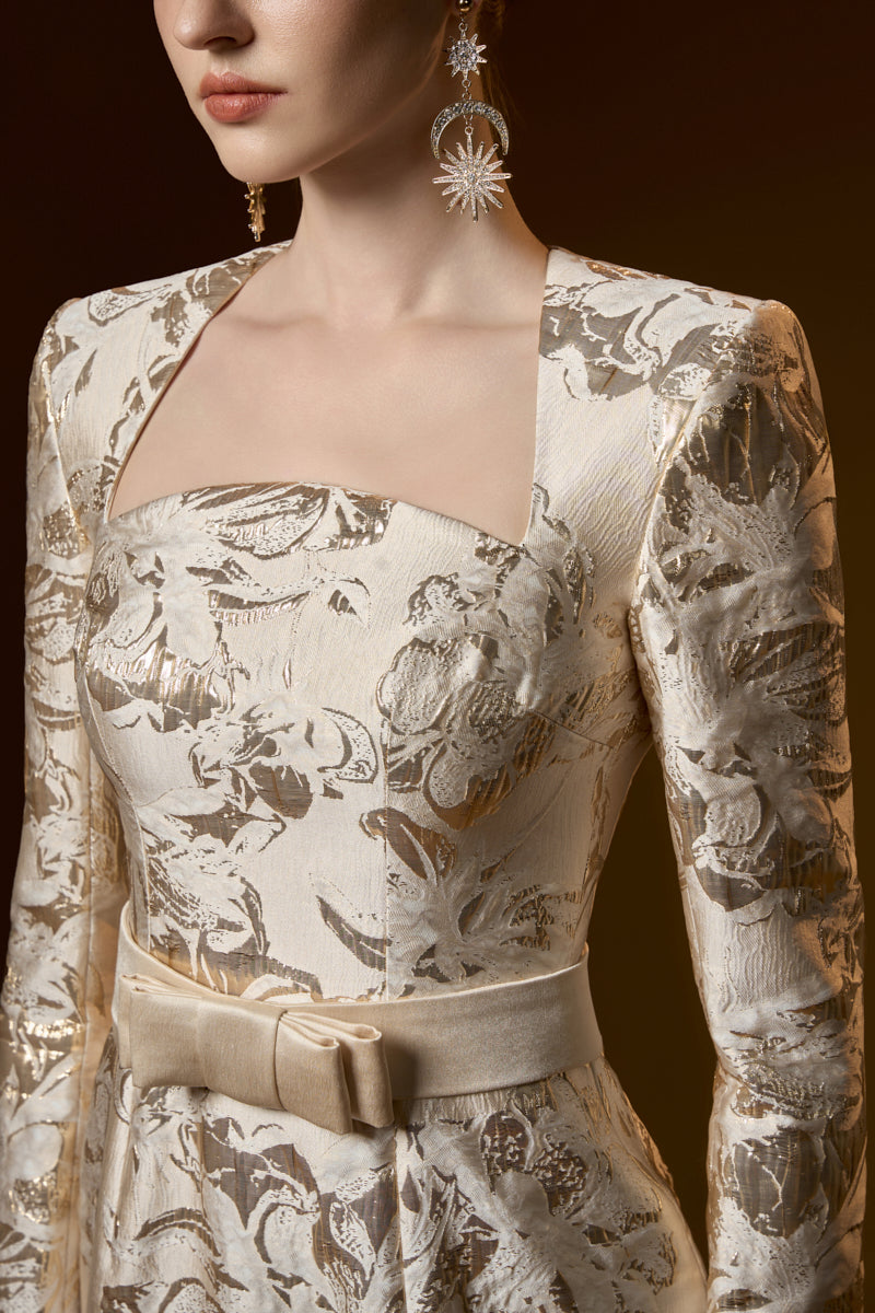 Trapeze Neck Column Gown With Long Sleeves In Jacquard