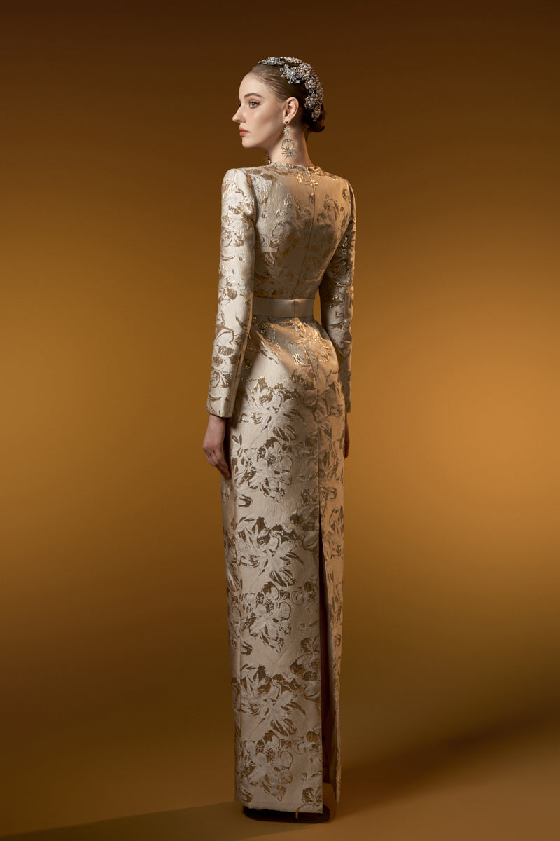 Trapeze Neck Column Gown With Long Sleeves In Jacquard