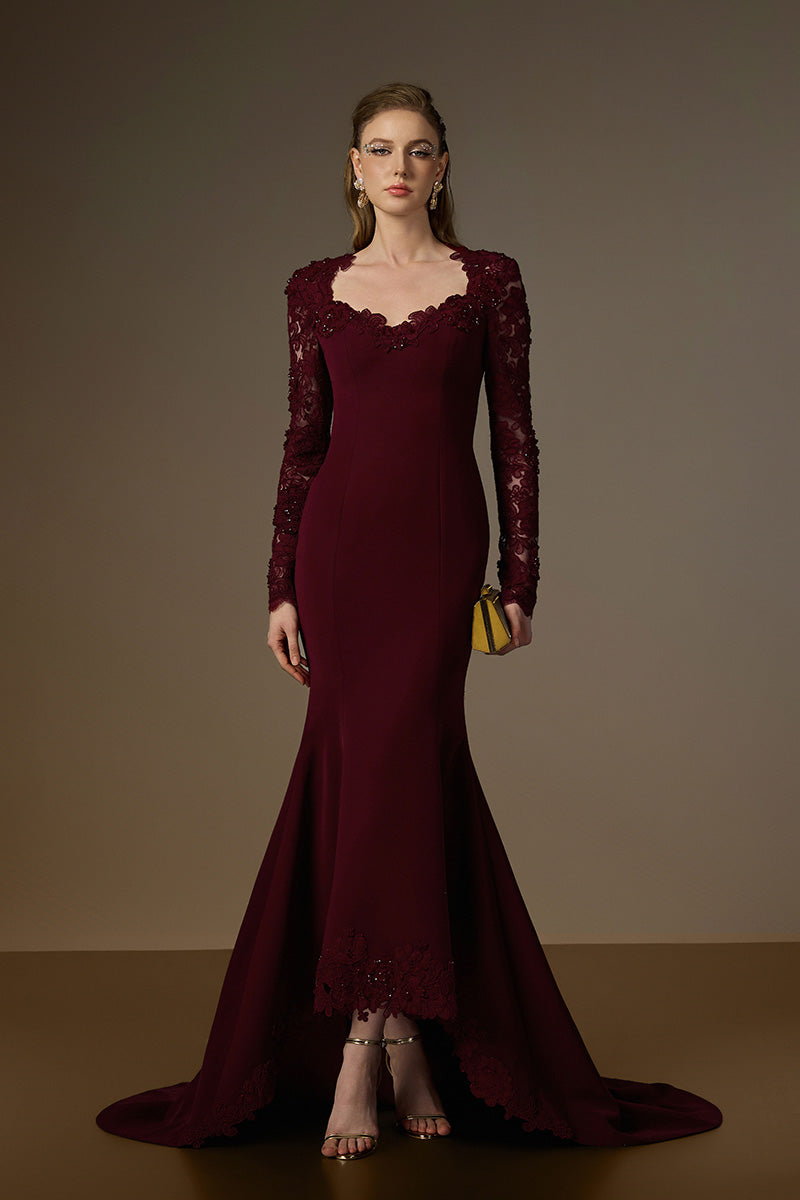 Trapeze Neck Mermaid Gown With Mullet Details In Burgundy Crepe And Floral Garden Mesh Lace