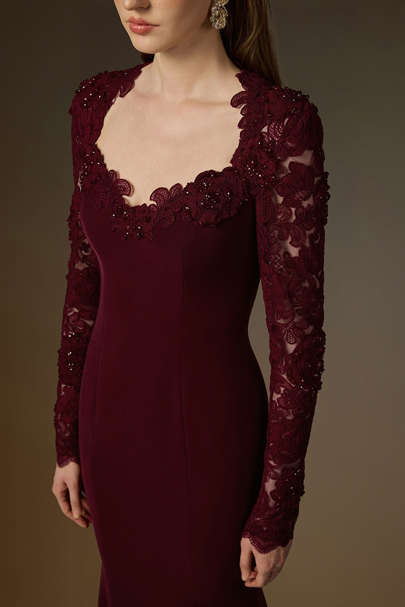 Trapeze Neck Mermaid Gown With Mullet Details In Burgundy Crepe And Floral Garden Mesh Lace