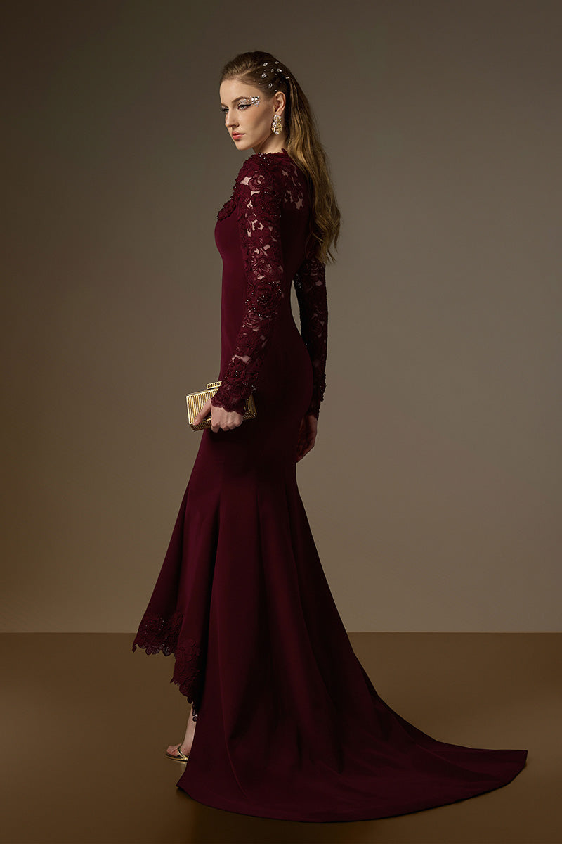 Trapeze Neck Mermaid Gown With Mullet Details In Burgundy Crepe And Floral Garden Mesh Lace