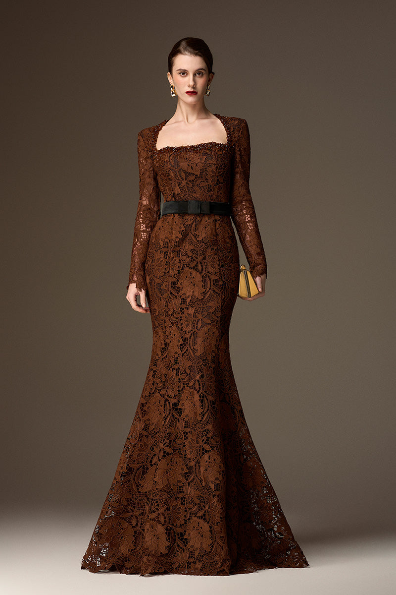 Trapeze Neck Mermaid Gown With Waist Belt In Cocoa Brown Lily Floral Lace