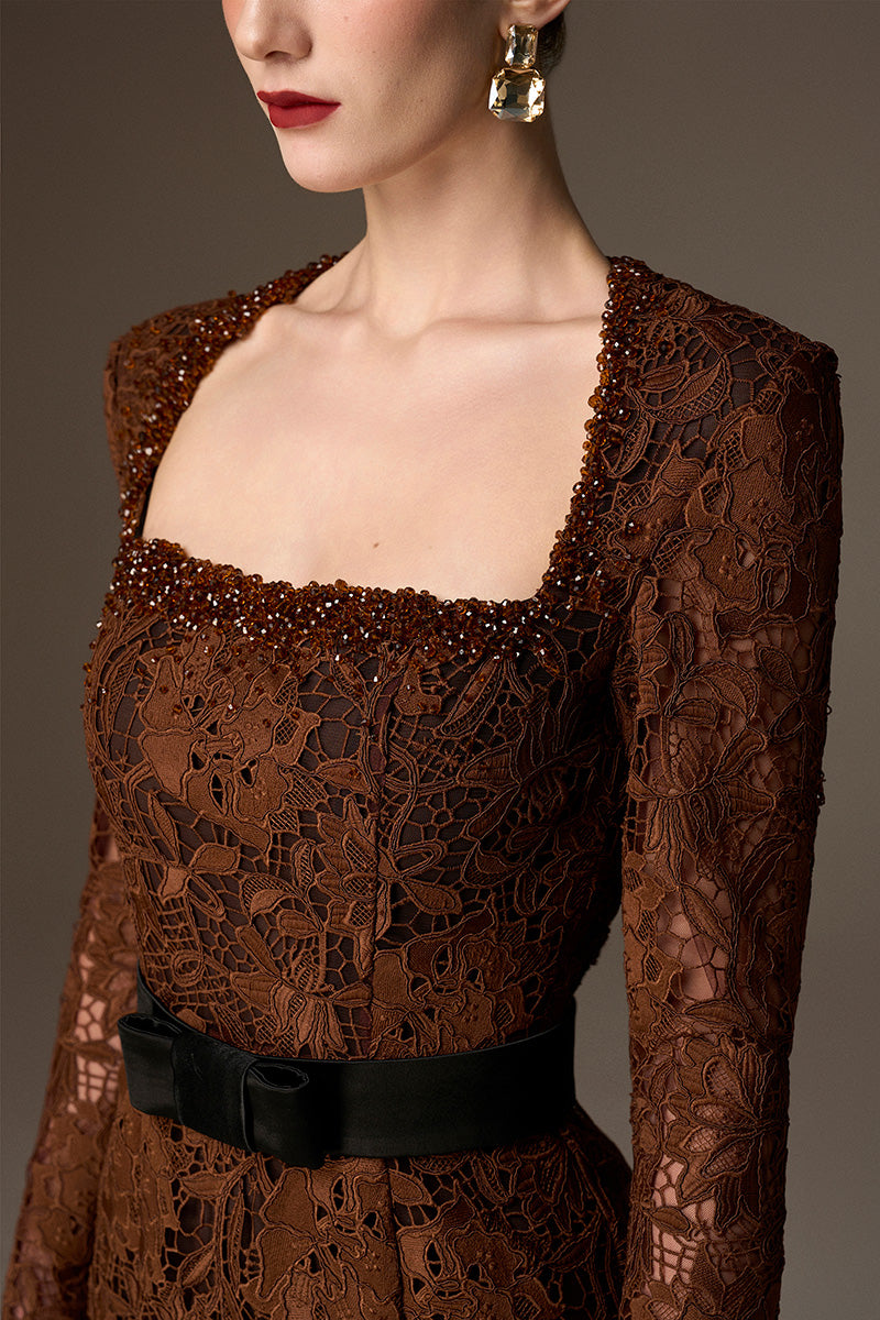 Trapeze Neck Mermaid Gown With Waist Belt In Cocoa Brown Lily Floral Lace