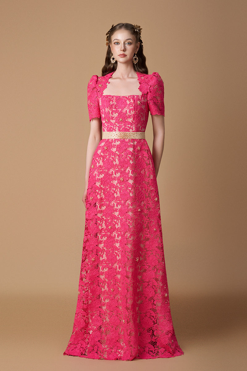 Trapeze Neck A-line Gown With Short Sleeves In Pink Guipure Lace