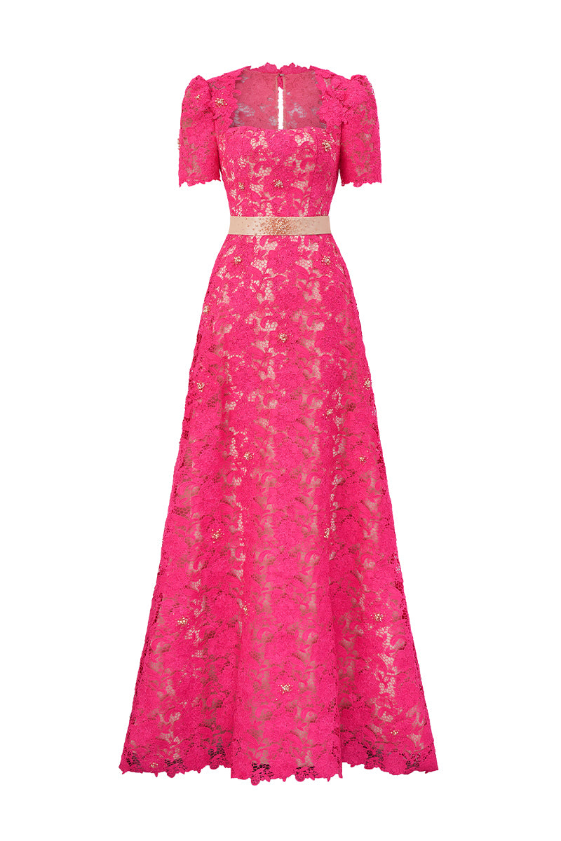 Trapeze Neck A-line Gown With Short Sleeves In Pink Guipure Lace