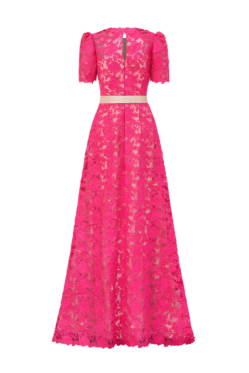 Trapeze Neck A-line Gown With Short Sleeves In Pink Guipure Lace
