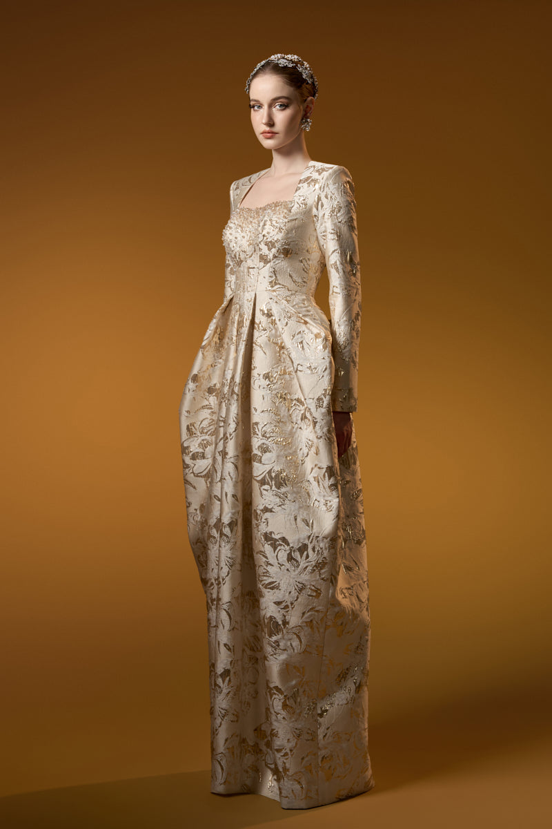 Trapeze Neck Ballgown With Long Sleeves In Jacquard