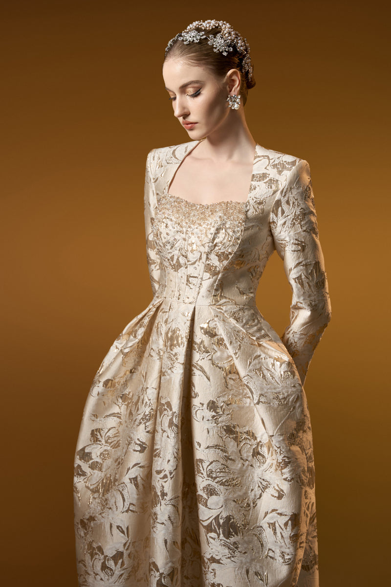 Trapeze Neck Ballgown With Long Sleeves In Jacquard