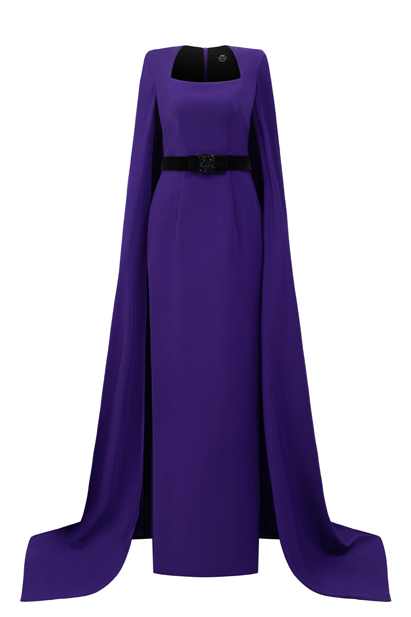 Trapeze Neck Column Gown With Long Cape Sleeves