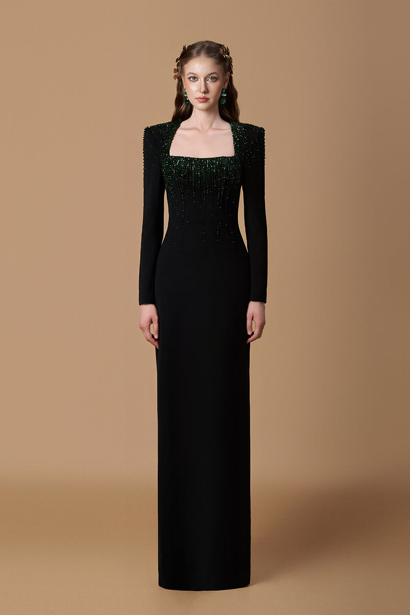 Trapeze Neck Column Gown With Long Sleeves In Black Crepe & Green Crystals