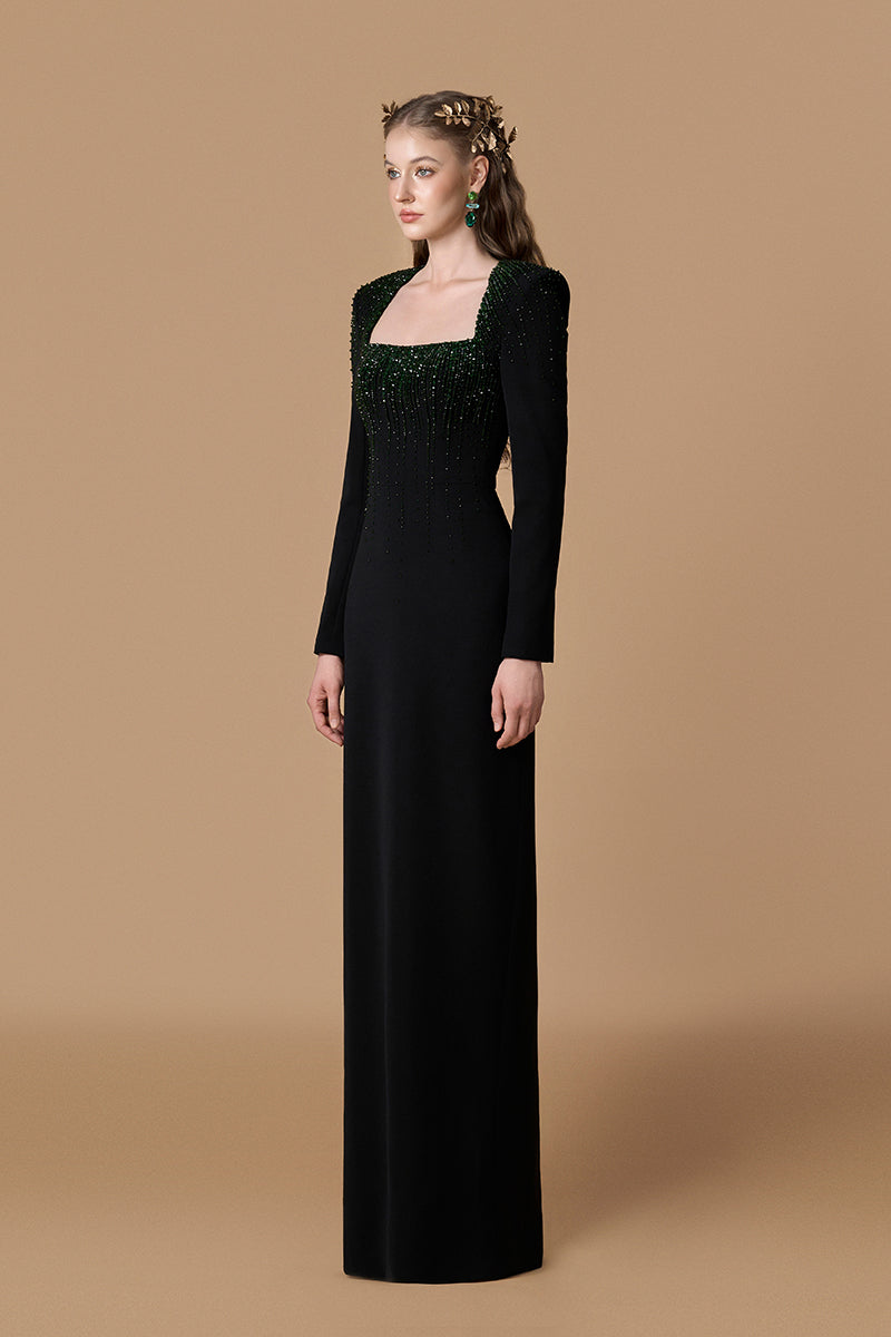 Trapeze Neck Column Gown With Long Sleeves In Black Crepe & Green Crystals