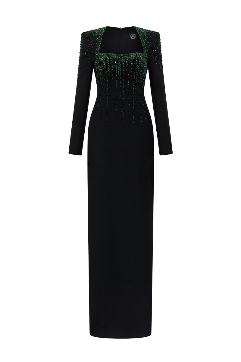 Trapeze Neck Column Gown With Long Sleeves In Black Crepe & Green Crystals
