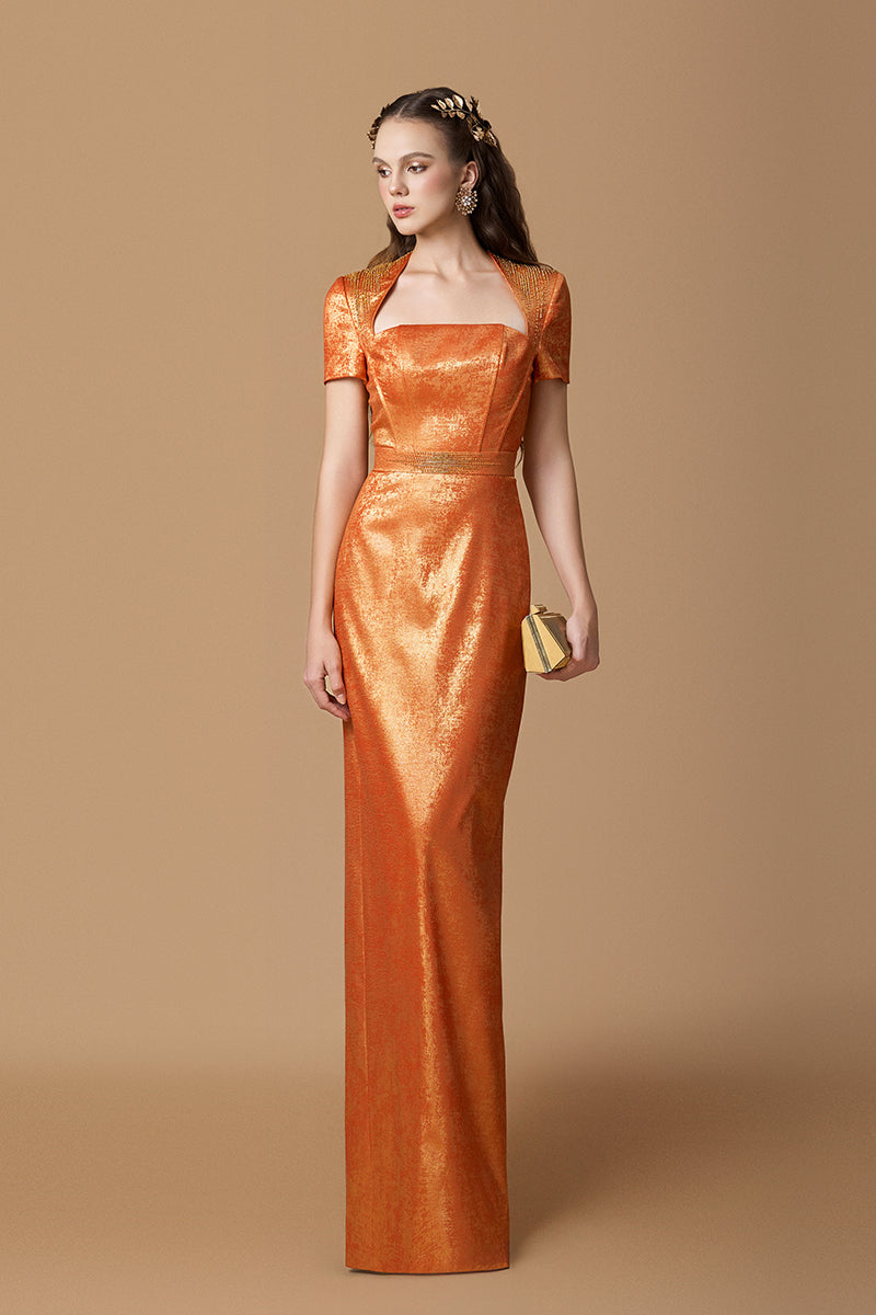 Trapeze Neck Column Gown With Short Sleeves In Orange Metallic Silk