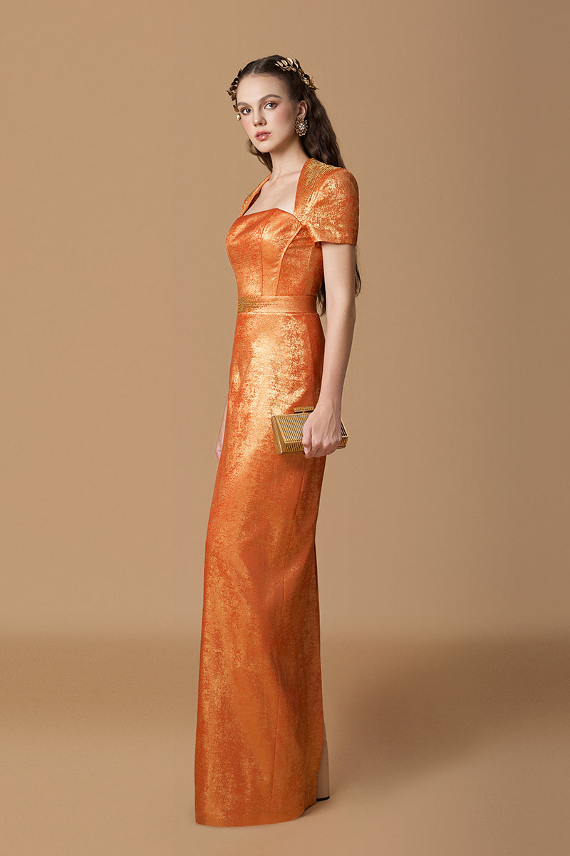 Trapeze Neck Column Gown With Short Sleeves In Orange Metallic Silk