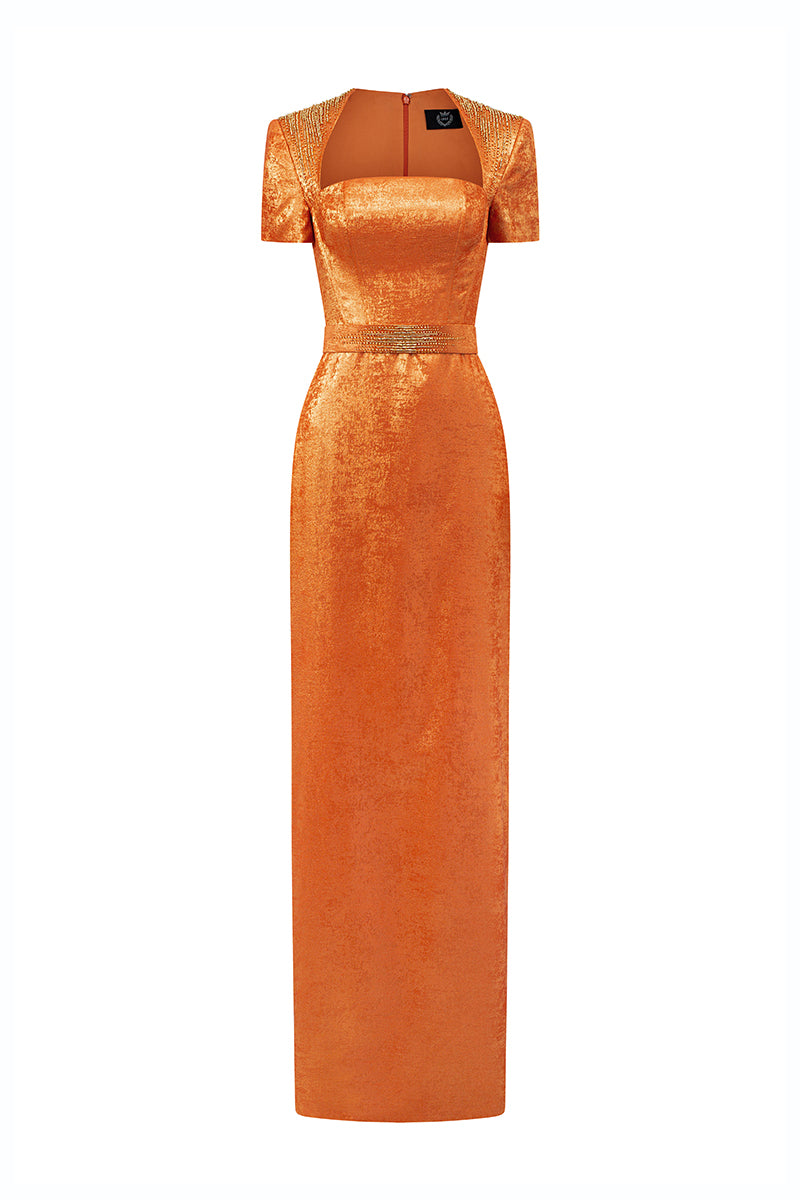 Trapeze Neck Column Gown With Short Sleeves In Orange Metallic Silk
