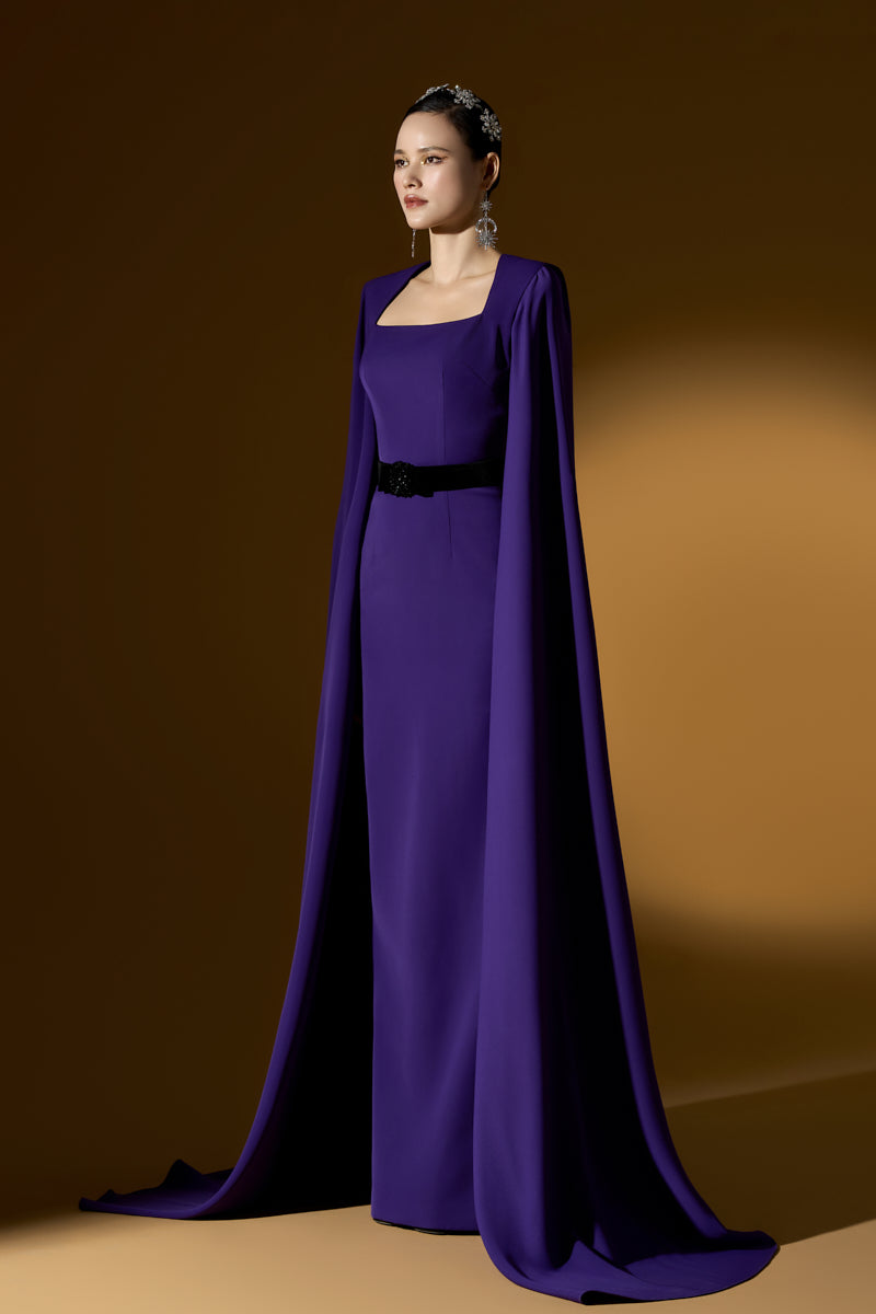 Trapeze Neck Column Gown With Long Cape Sleeves