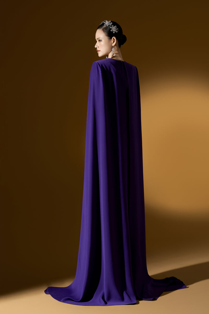 Trapeze Neck Column Gown With Long Cape Sleeves
