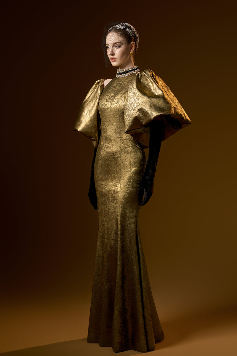 Turtleneck Collar Mermaid Gown With Puff Sleeves