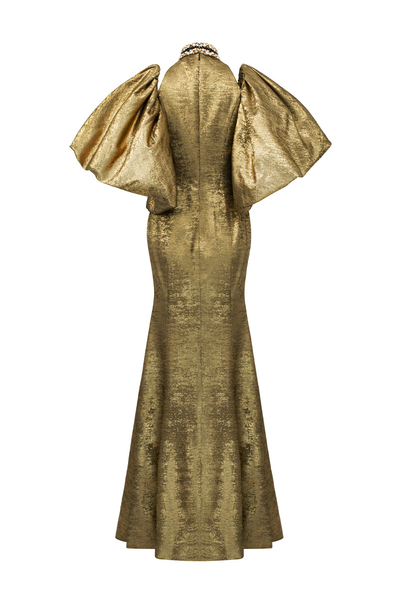 Turtleneck Collar Mermaid Gown With Puff Sleeves