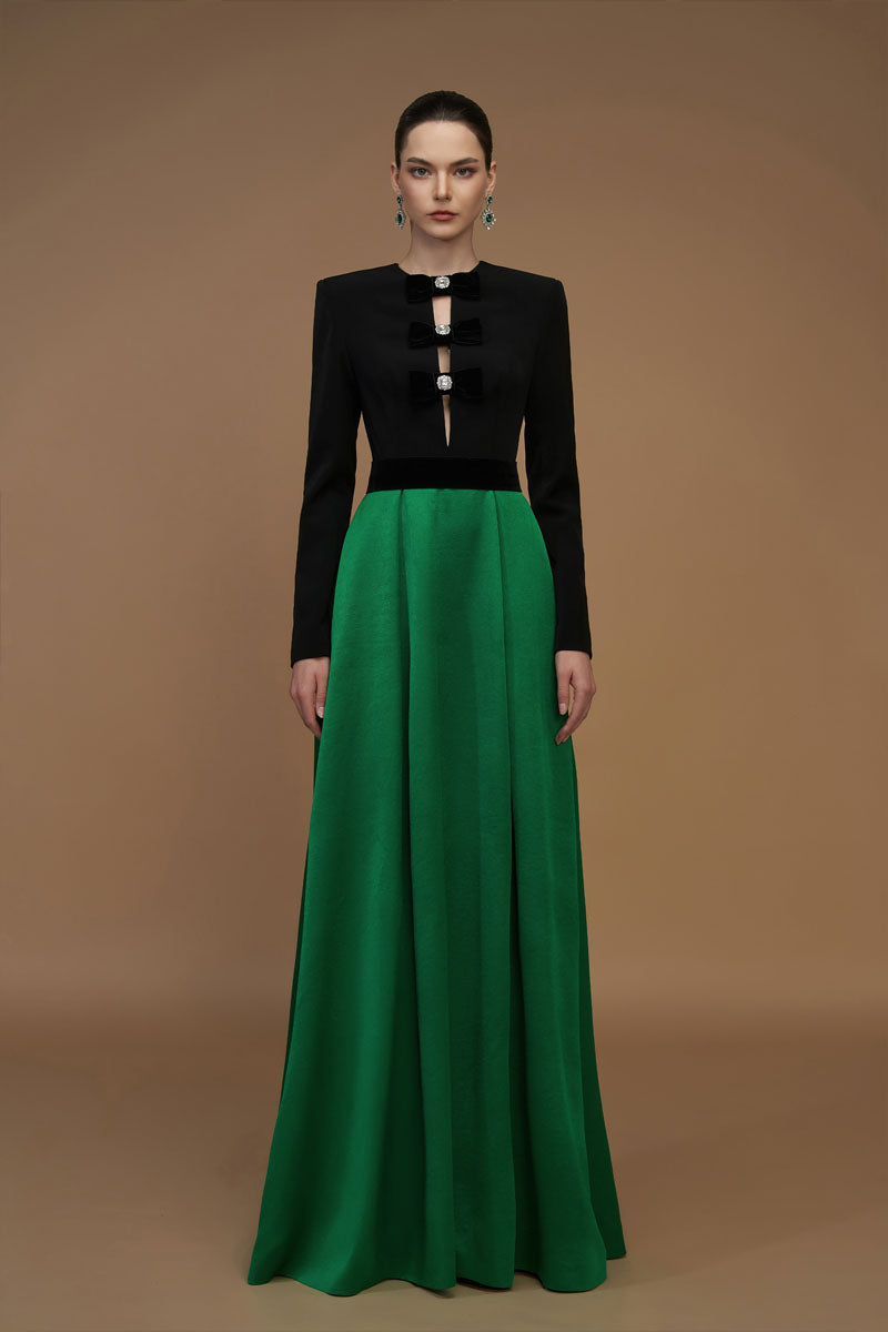 V-Cut Column A-line Gown With Long Sleeves In Black And Green