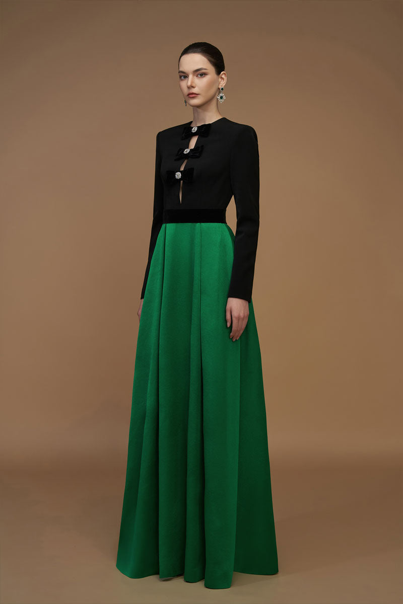 V-Cut Column A-line Gown With Long Sleeves In Black And Green