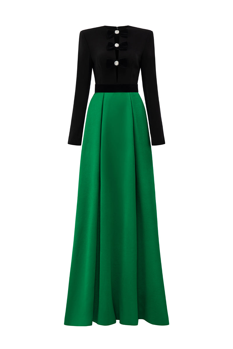 V-Cut Column A-line Gown With Long Sleeves In Black And Green