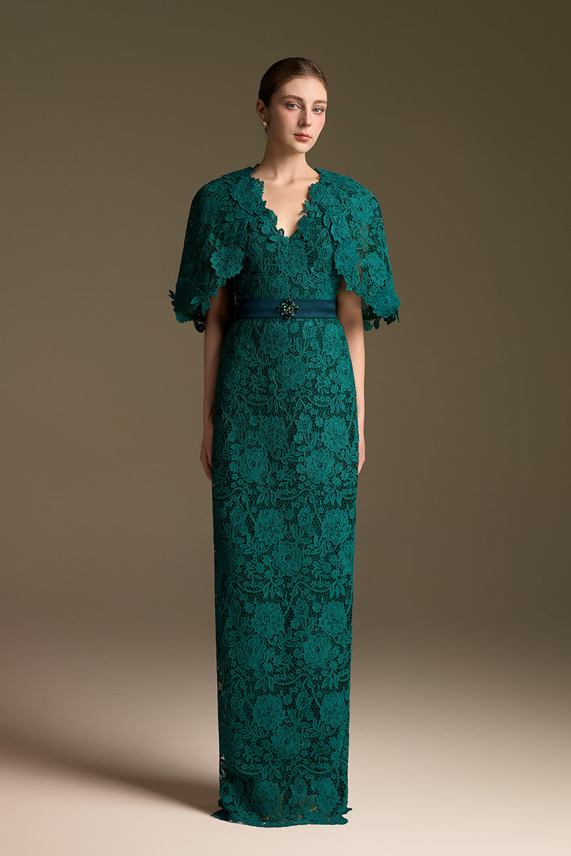 V-Neck Column Gown With Mini Cape Sleeves