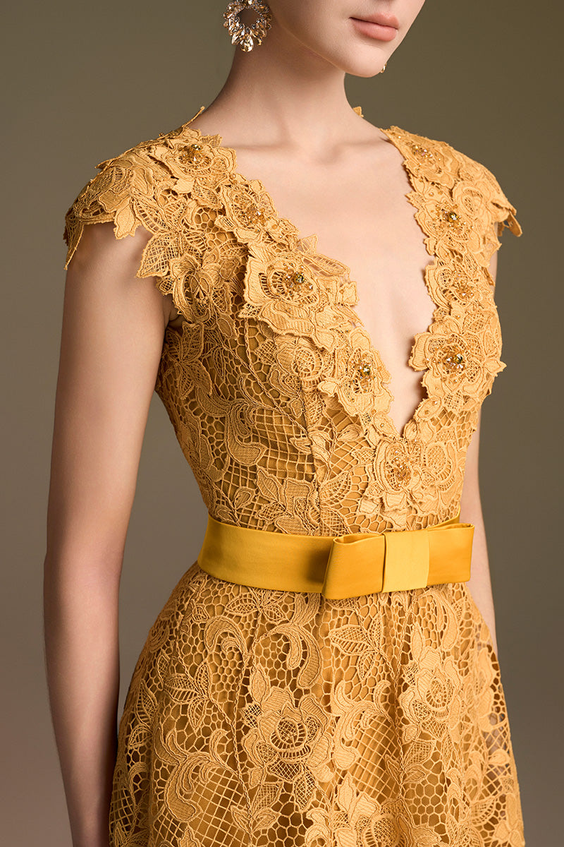 V-Neck Sleeveless A-Line Gown In Yellow Guipure Lace