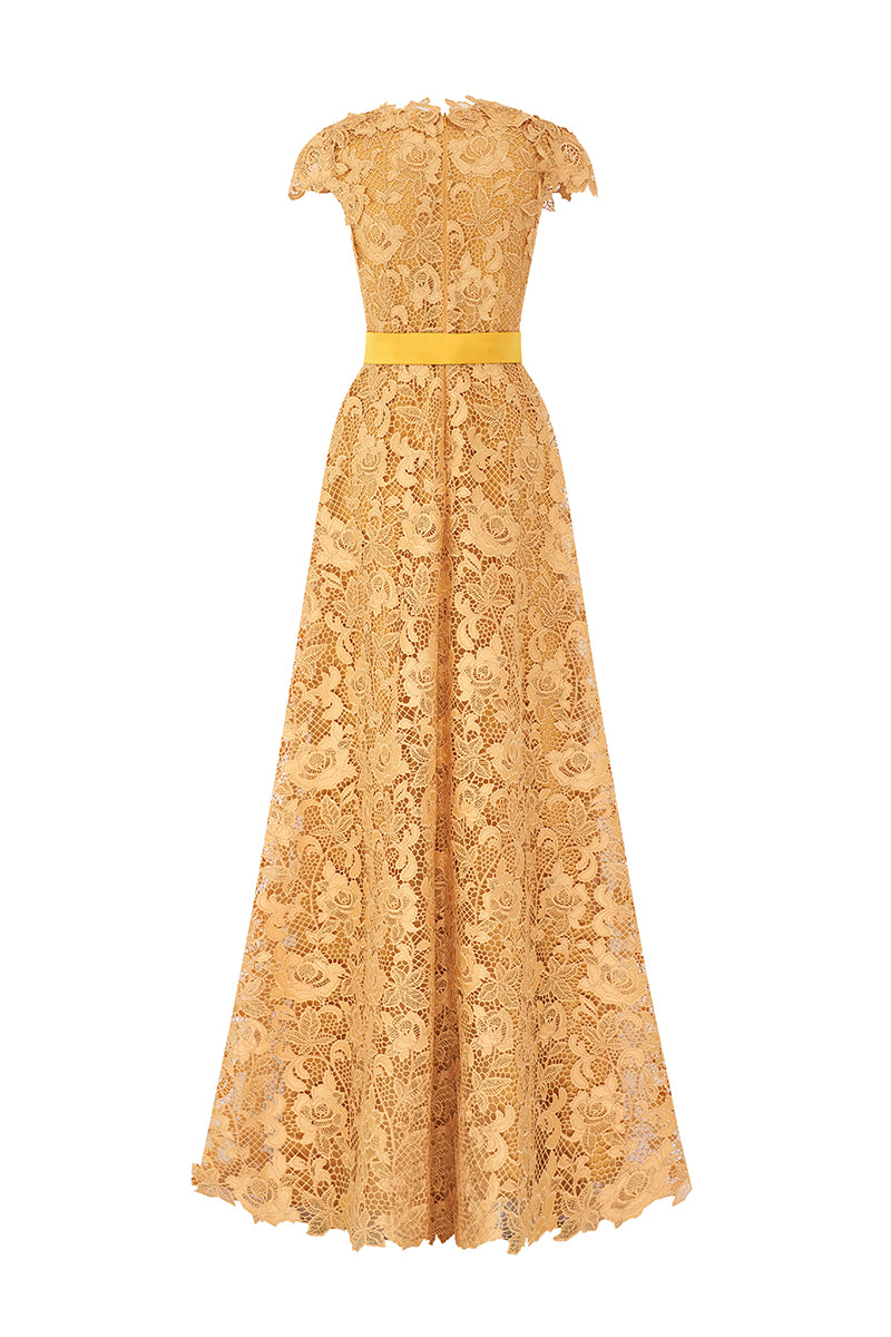V-Neck Sleeveless A-Line Gown In Yellow Guipure Lace