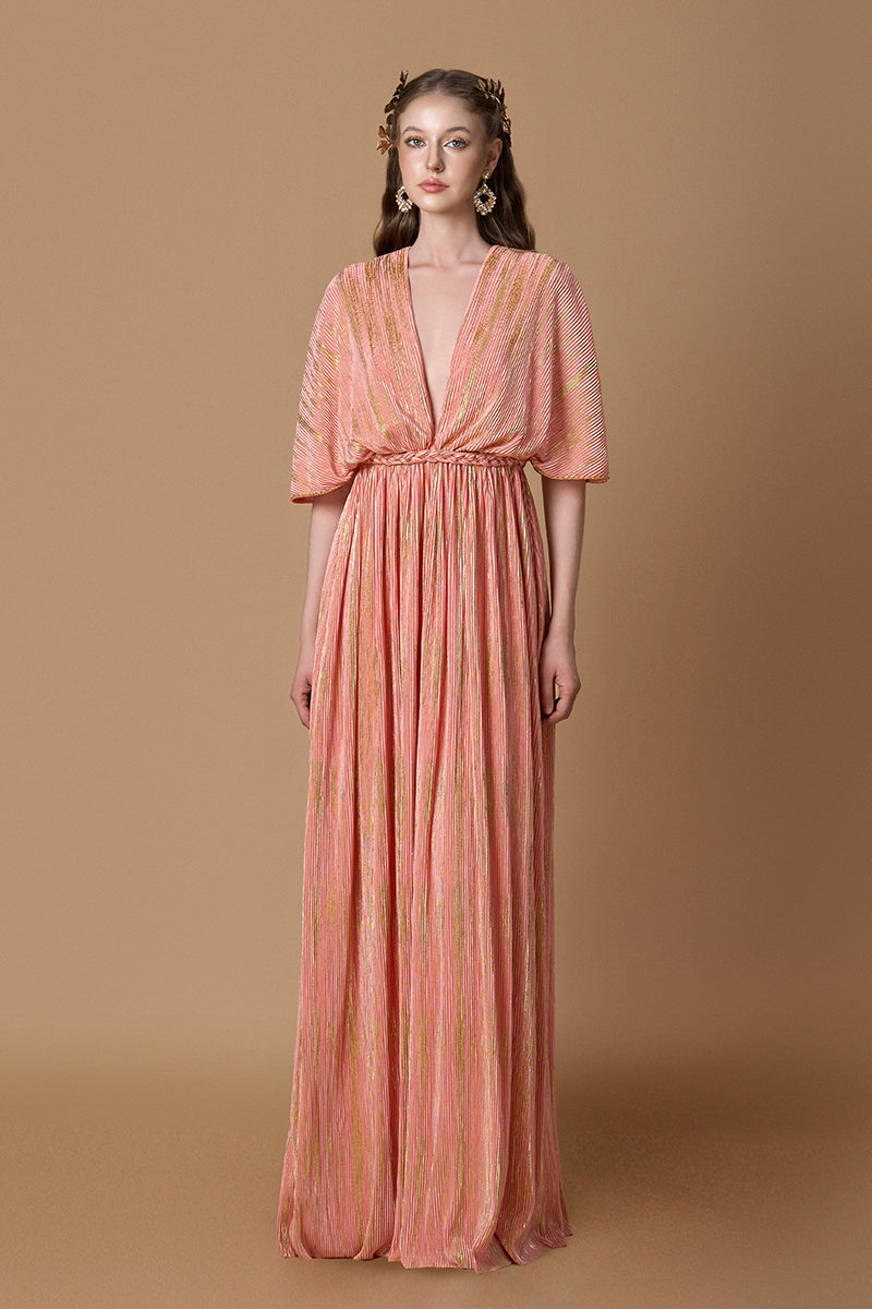 V-Neck A-Line Gown With Hand-Braided Belt In Pleated Peach Jersey