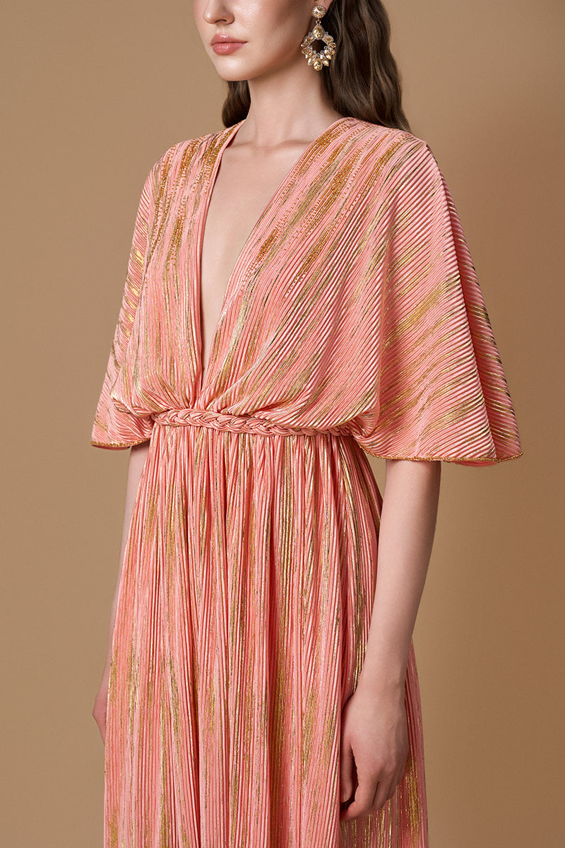 V-Neck A-Line Gown With Hand-Braided Belt In Pleated Peach Jersey