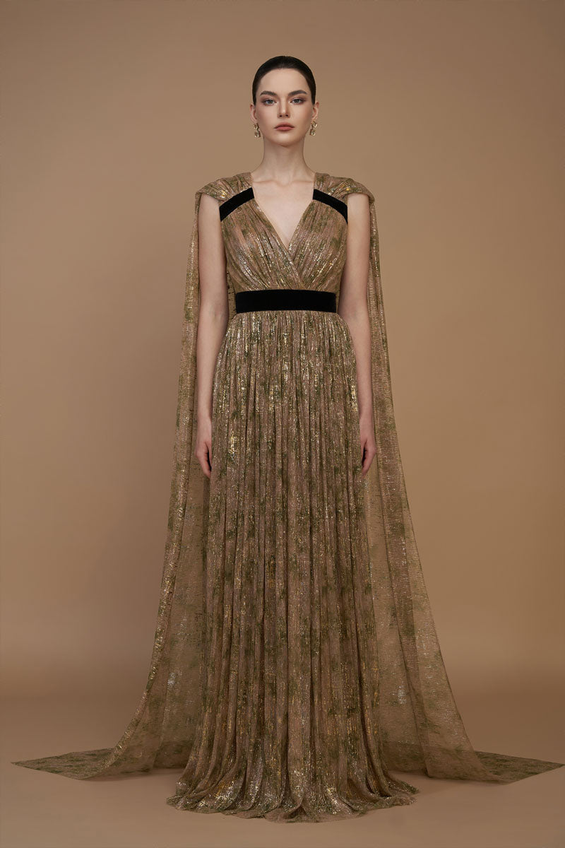 V-Neck A-Line Gown With Ruffle Back Train In Green Tie-Dyed Golden Chiffon