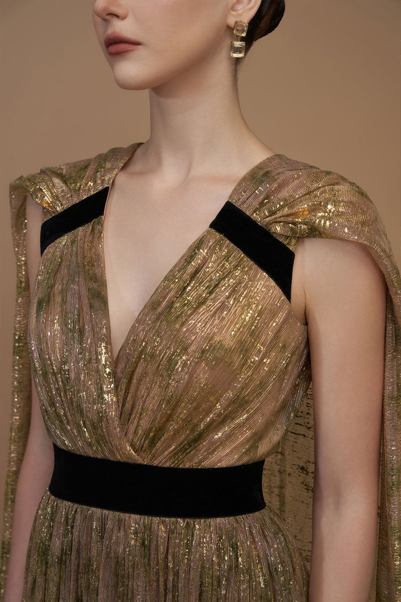 V-Neck A-Line Gown With Ruffle Back Train In Green Tie-Dyed Golden Chiffon